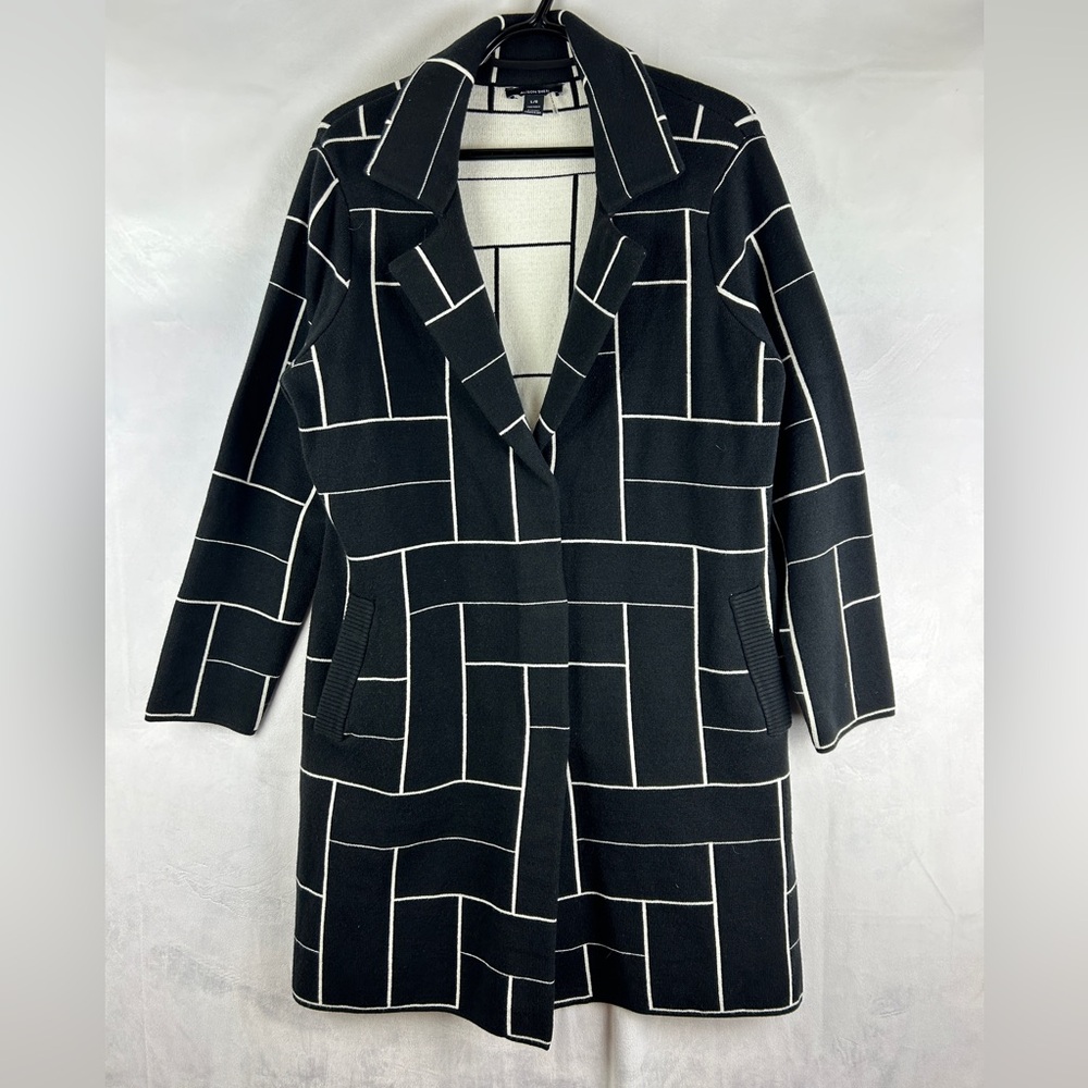 ALISON SHERI Cardigan‎ Coat Thick Knit Size Large Black White Long Line Blazer - Picture 2 of 5